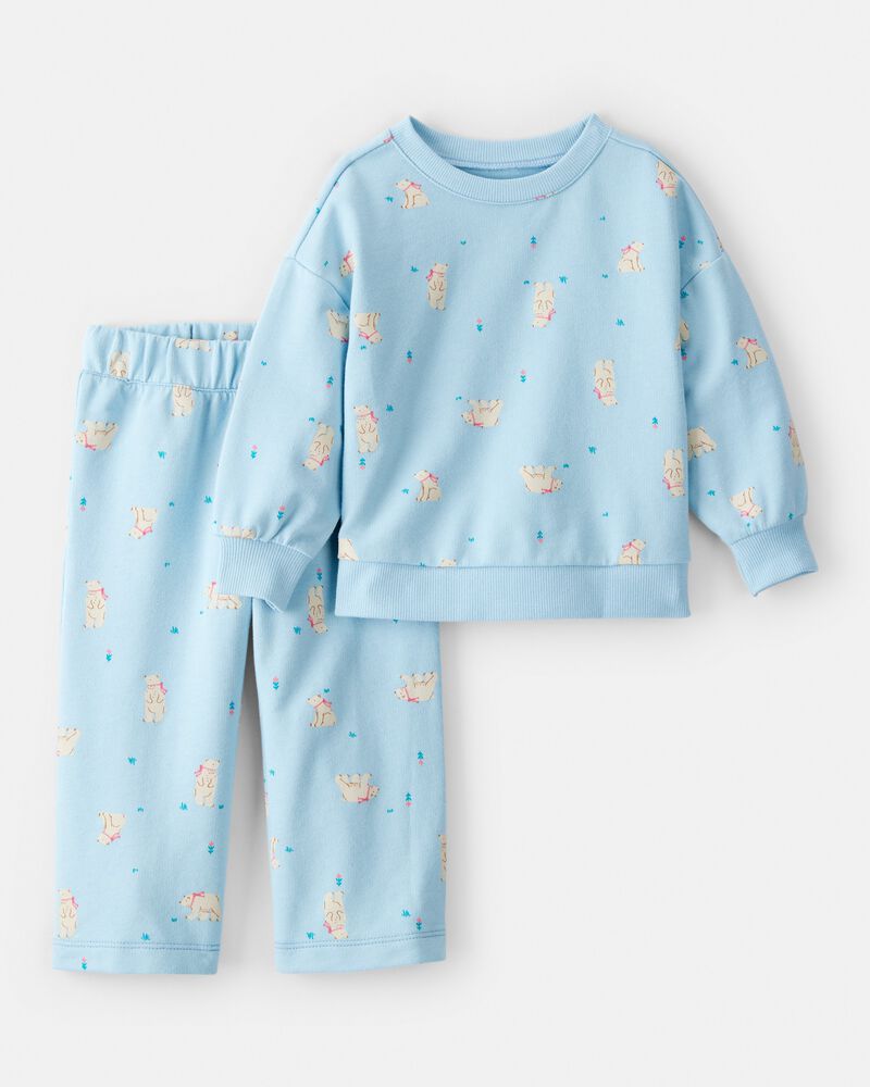 Baby Girl Polar Bear French Terry Pullover & Pant Set - Blue, image 1 of 4 slides