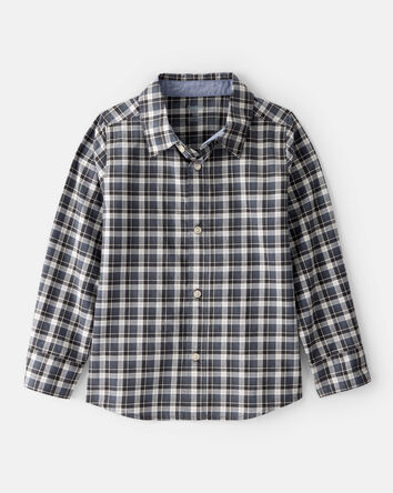Boys Plaid Cotton Long-Sleeve Button-Down Shirt - Grey, 