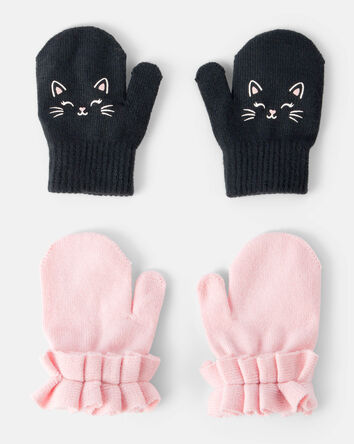 Toddler Girl 2-Pack Cat Ruffled Winter Mittens - Pink/Black, 