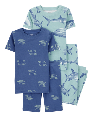 Boys 4-Piece Shark Surfboard 100% Snug Fit Cotton Pajamas - Blue, 