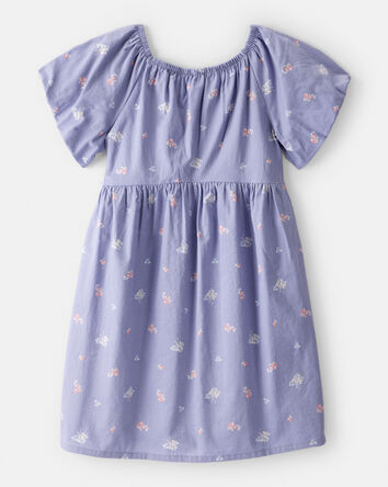 Girls Floral Print Short-Sleeve Cotton Dress - Blue, 