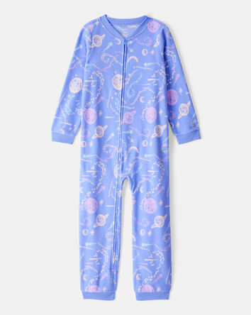 Girls Space Print Loose Fit Long-Sleeve Zip-Up 1-Piece Pajamas - Blue, 
