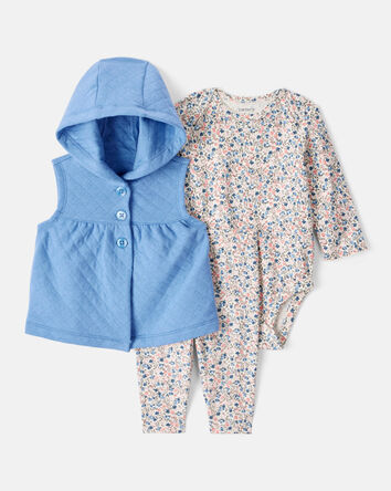 Baby Girl 3-Piece Floral Sleeveless Vest & Pant Set - Blue, 