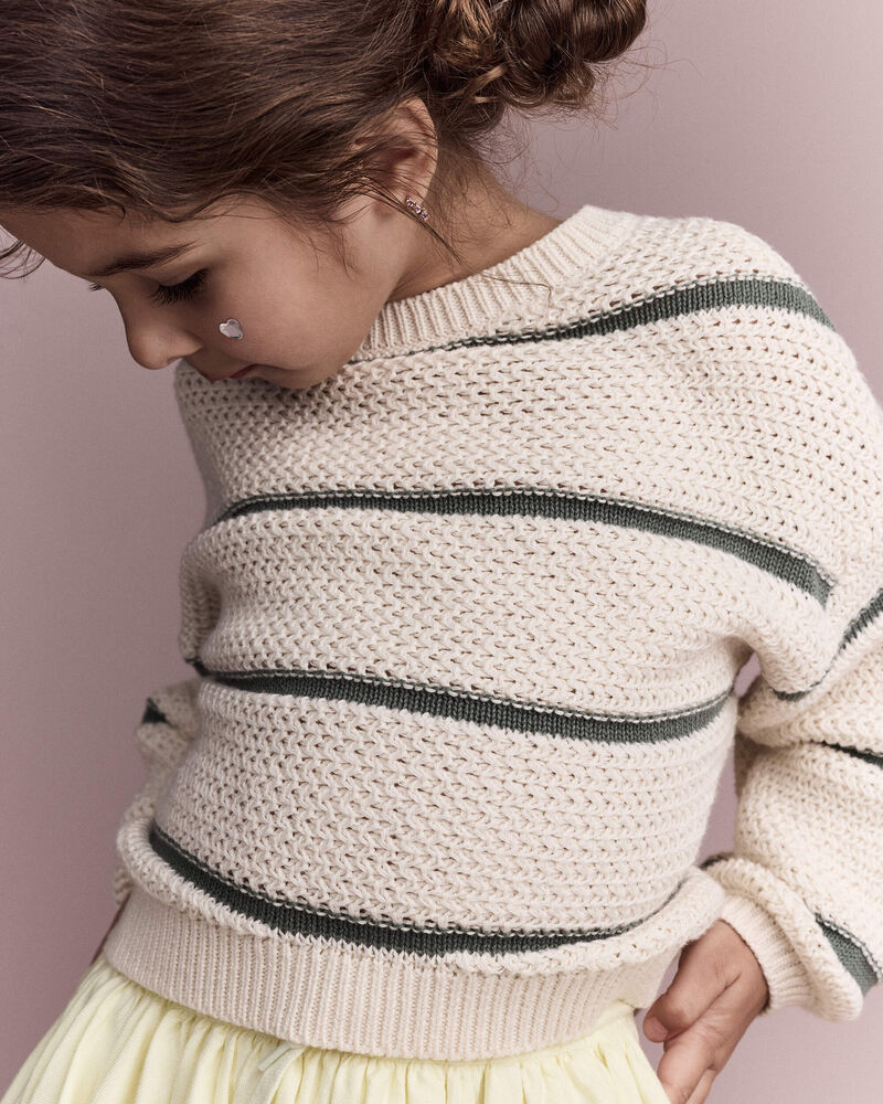 Toddler Girl Striped Balloon-Sleeve Sweater - Cream/Olive, image 1 of 6 slides