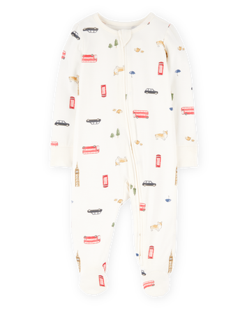Baby London Print 2-Way Zip PurelySoft Sleep & Play Pajamas - Ivory, 