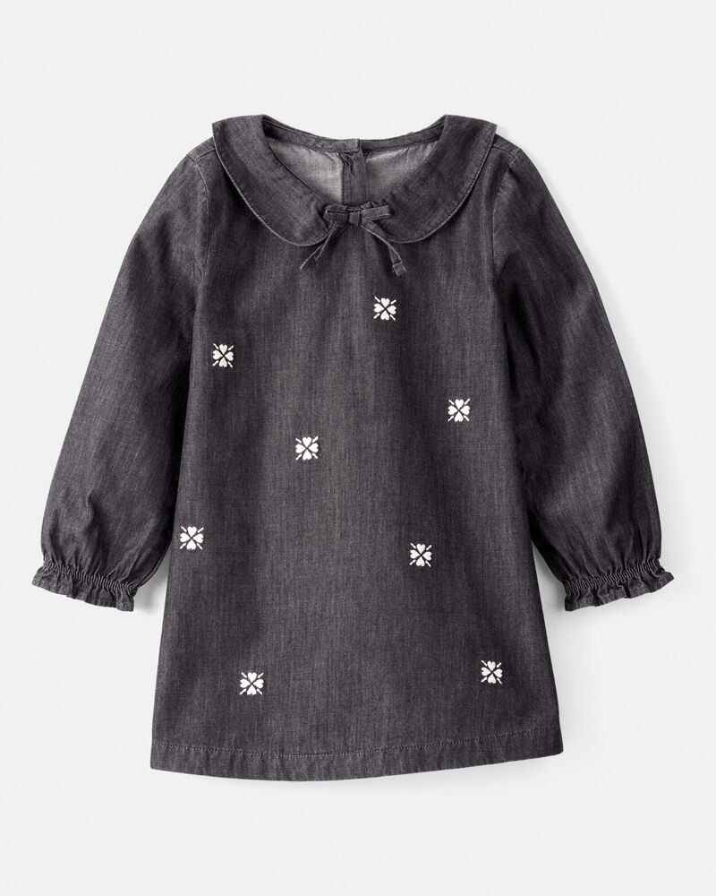 Toddler Girl Floral Motif Chambray Long-Sleeve Dress - Grey, image 1 of 5 slides