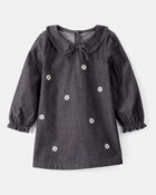 Toddler Girl Floral Motif Chambray Long-Sleeve Dress - Grey, image 1 of 5 slides
