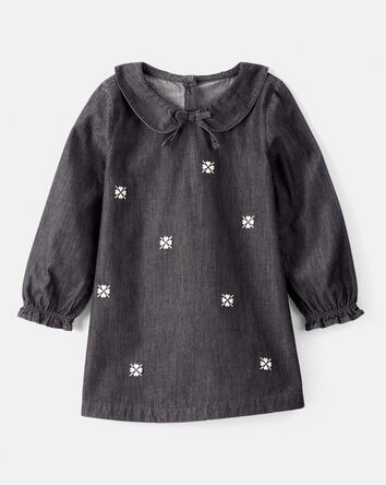Toddler Girl Floral Motif Chambray Long-Sleeve Dress - Grey, 