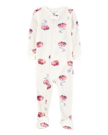 Baby Boy Fire Truck Print Waffle Knit Footie 1-Piece Pajamas, 