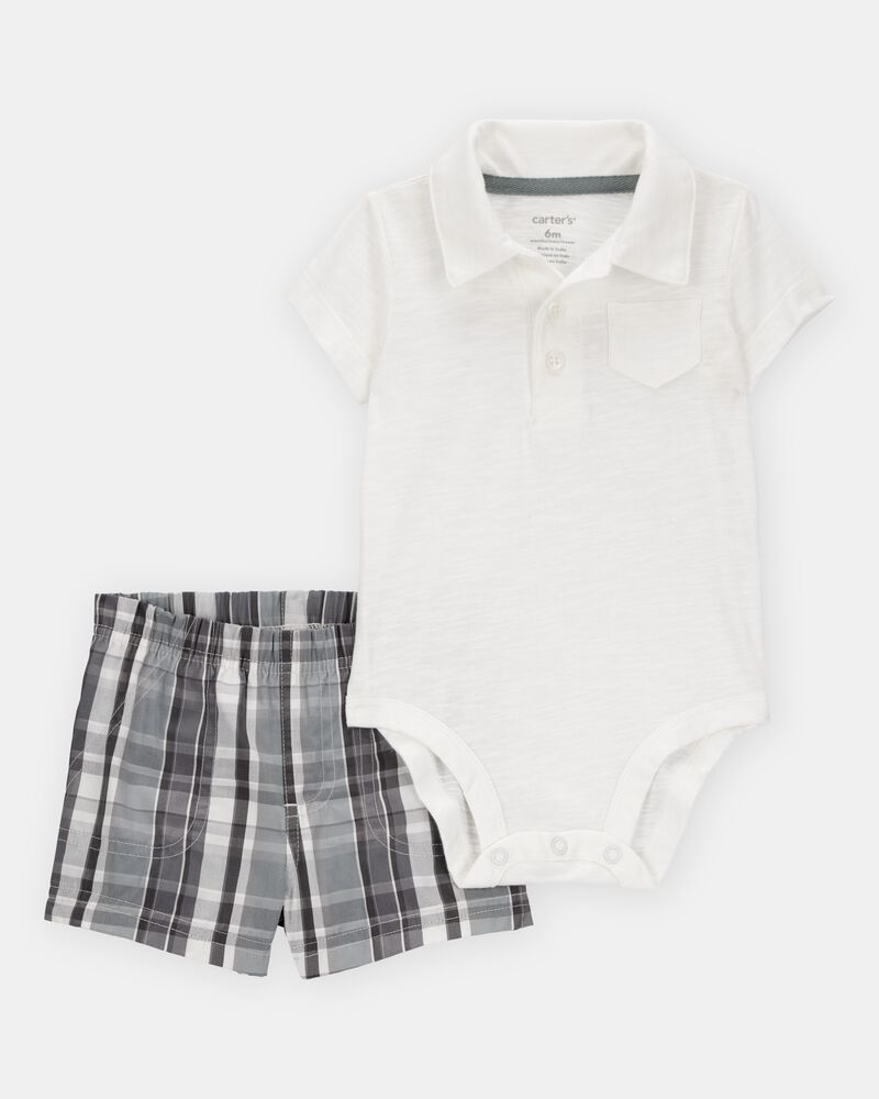 Baby Boy 2-Piece Polo Bodysuit & Plaid Short Set - Ivory/Grey, image 1 of 3 slides