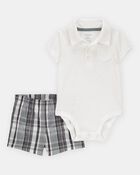 Baby Boy 2-Piece Polo Bodysuit & Plaid Short Set - Ivory/Grey, image 1 of 3 slides