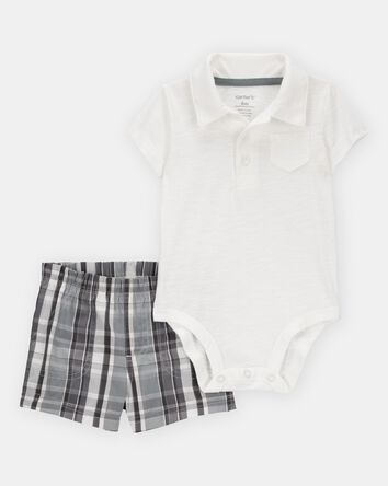 Baby Boy 2-Piece Polo Bodysuit & Plaid Short Set - Ivory/Grey, 