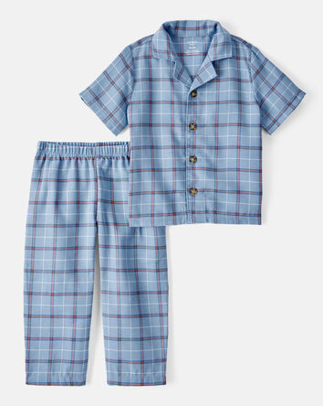 Toddler 2-Piece Plaid Coat Style Loose Fit Pajamas - Blue, 