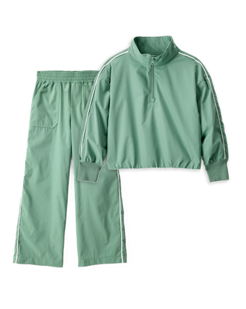 Girls 2-Piece Long-Sleeve Quarter-Zip Windbreaker & Woven Active Pants Set - Green, 