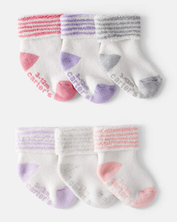 Baby Girl 6-Pack Striped Ankle Socks - White, 