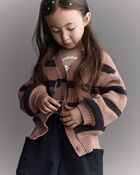 Toddler Girl Striped Puff-Sleeve Cardigan with Bows - Mocha Brown/Black, image 4 of 6 slides