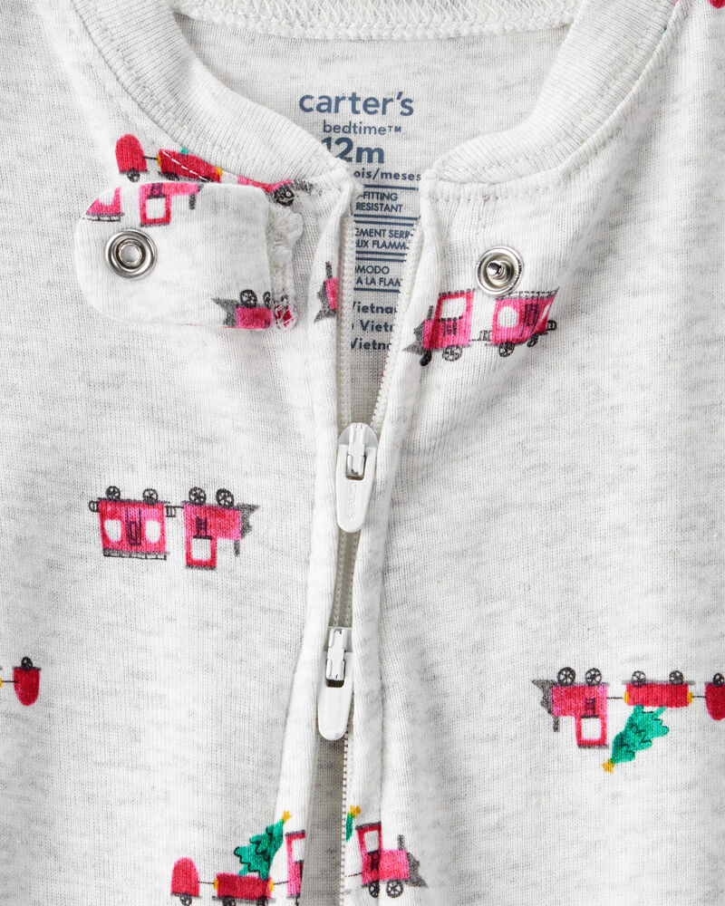 Baby Boy Train Print Cotton Long-Sleeve Snug Fit 1-Piece Pajamas - Grey, image 2 of 4 slides