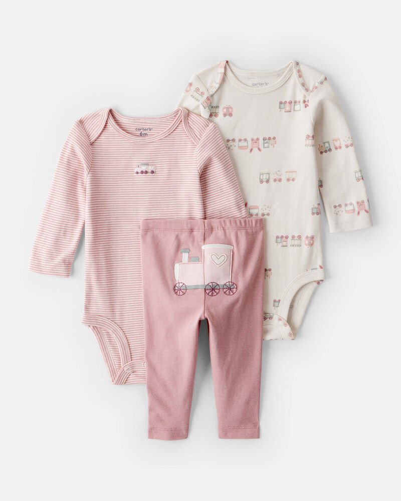 Baby Girl 3-Piece Train Print Long-Sleeve Bodysuit & Pant Set - Pink, image 1 of 7 slides