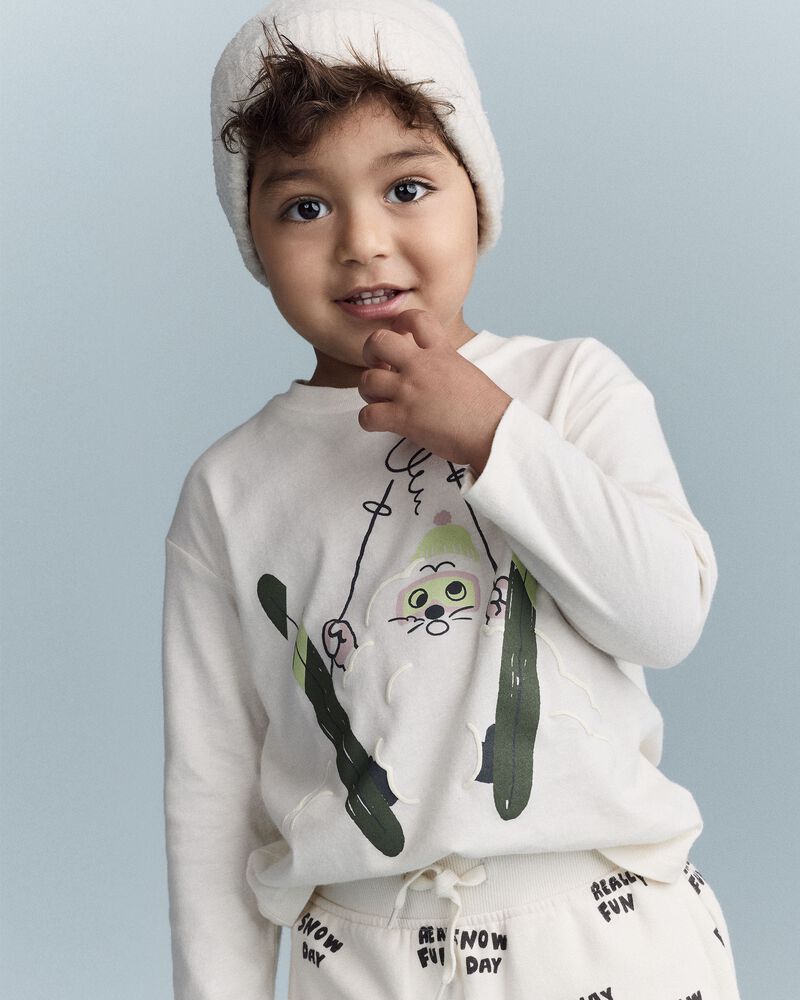 Toddler Skiing Squish Long-Sleeve Relaxed Graphic Tee - Cream, image 1 of 6 slides