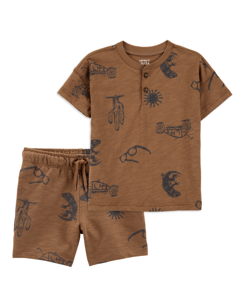 Baby 2-Piece Desert Print Henley Tee & Pull-On Shorts Set - Brown, image 1 of 6 slides