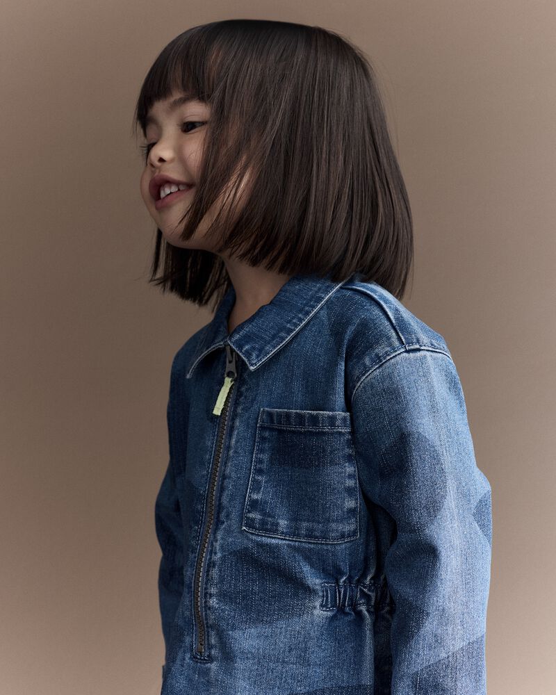 Toddler Girl Zip-Up Denim Shirt Dress with Shapes - Blue, image 3 of 6 slides