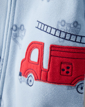 Baby Boy Firetruck Print Loose Fit Long-Sleeve 2-Way Zip 1-Piece Pajamas - Blue, 