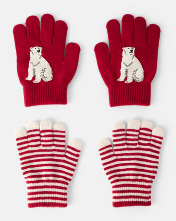 Boys 2-Pack Striped Polar Bear Winter Gloves - Red, 