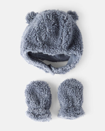 Baby Boy Sherpa Winter Hat & Mittens Set - Blue, 