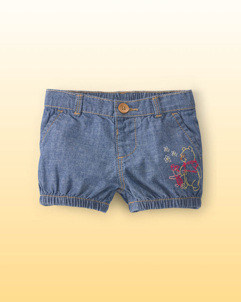 Baby Girl Disney&copy; Winnie the Pooh Chambray Embroidered Bubble Shorts - Medium Wash, image 1 of 5 slides