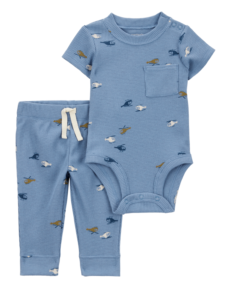 Baby 2-Piece Waffle Knit Bodysuit Pant Set - Blue, image 1 of 3 slides