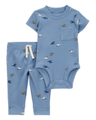 Baby 2-Piece Waffle Knit Bodysuit Pant Set - Blue, image 1 of 3 slides