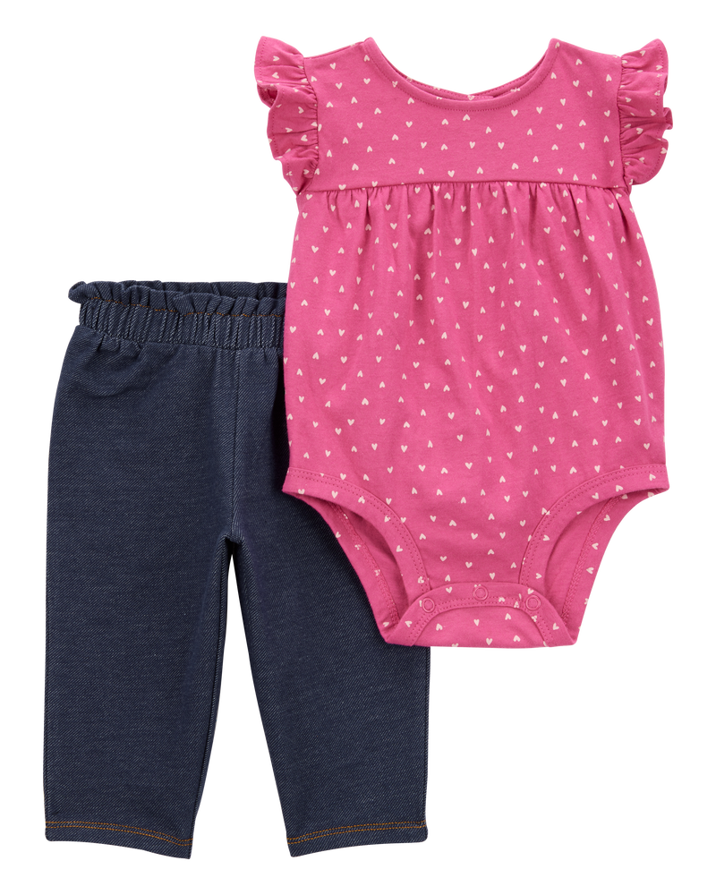 Baby Girl 2-Piece Heart Flutter-Sleeve Bodysuit Pant Set - Pink/Blue, image 1 of 5 slides