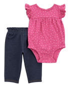 Baby Girl 2-Piece Heart Flutter-Sleeve Bodysuit Pant Set - Pink/Blue, image 1 of 5 slides