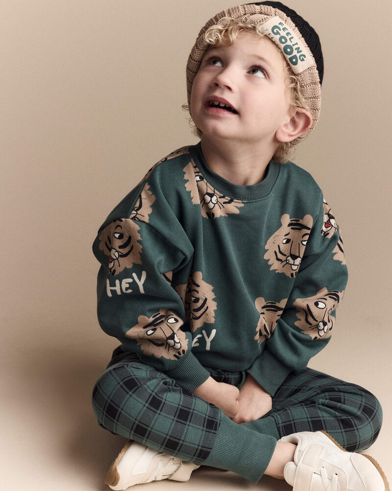Toddler 'Hey' Tiger Dolman-Sleeve Sweatshirt - Green, image 1 of 7 slides