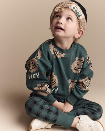 Toddler 'Hey' Tiger Dolman-Sleeve Sweatshirt - Green, 