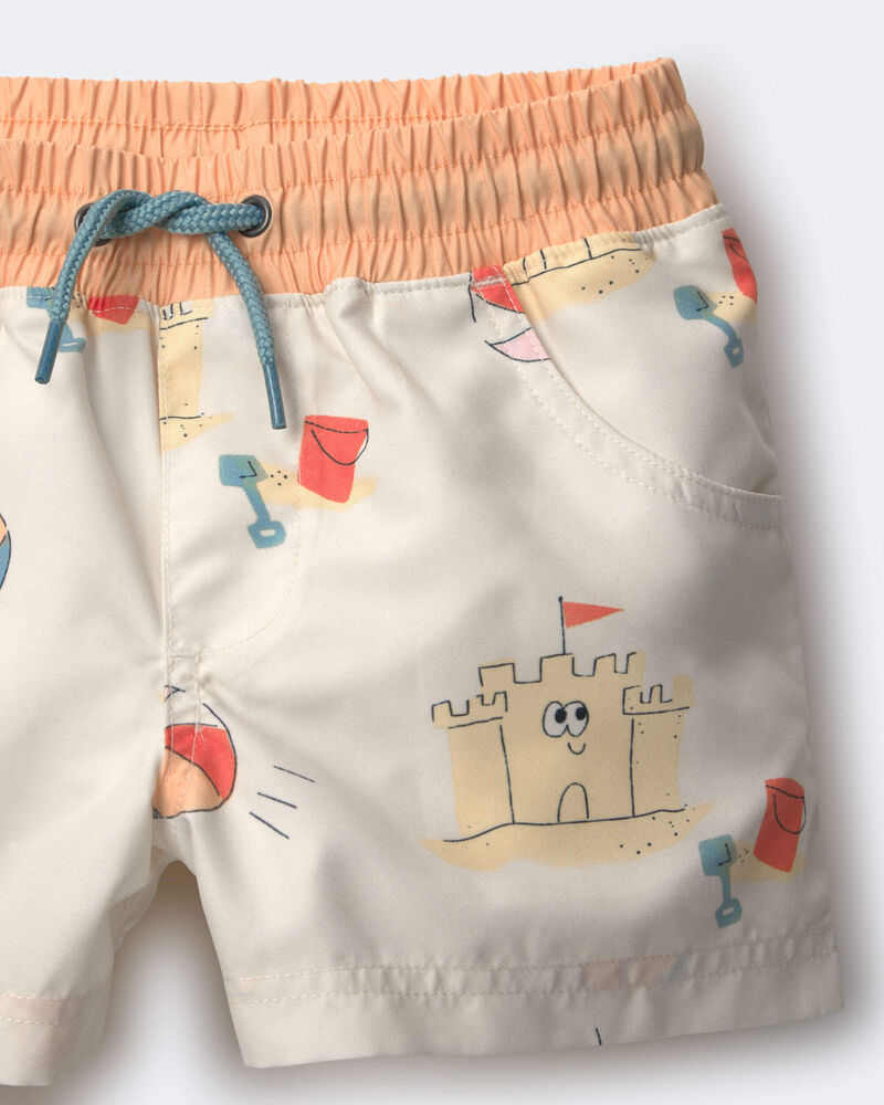 Toddler Boy Swim Trunks in Sandcastle Print - Cream, image 6 of 6 slides