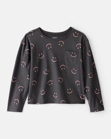 Girls Smiley Face Print Long-Sleeve Top - Black, 