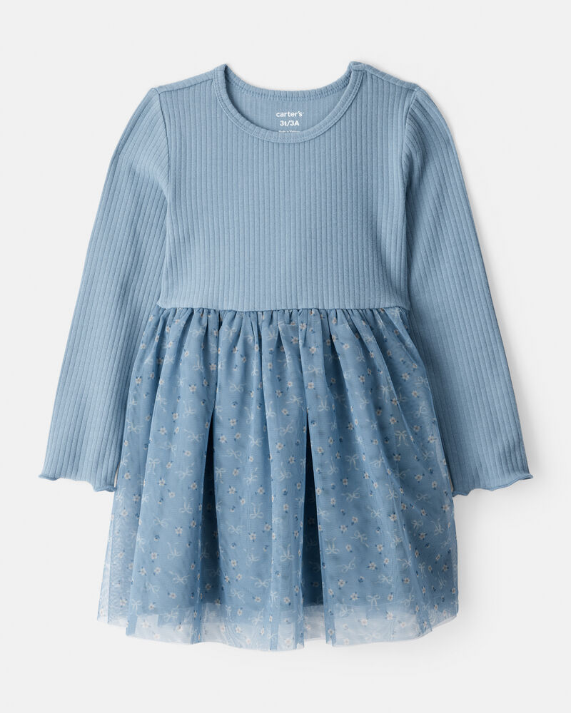 Toddler Girl Floral Print Long-Sleeve Dress - Blue, image 1 of 4 slides