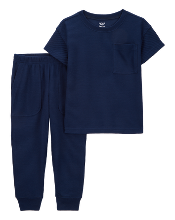 Toddler Boy Solid Loose Fit Waffle Knit 2-Piece Pajamas - Navy, 