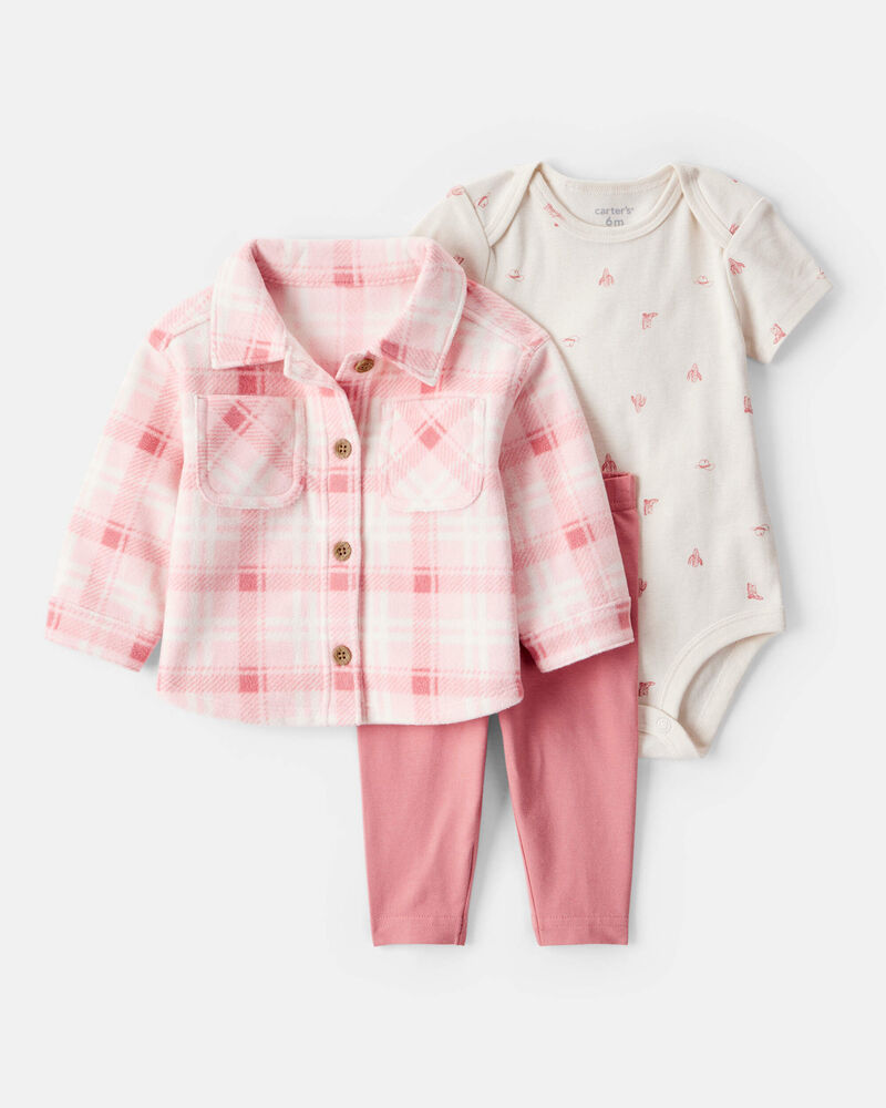 Baby Girl 3-Piece Plaid Print Fleece Jacket, Bodysuit & Pant Set - Pink, image 1 of 5 slides