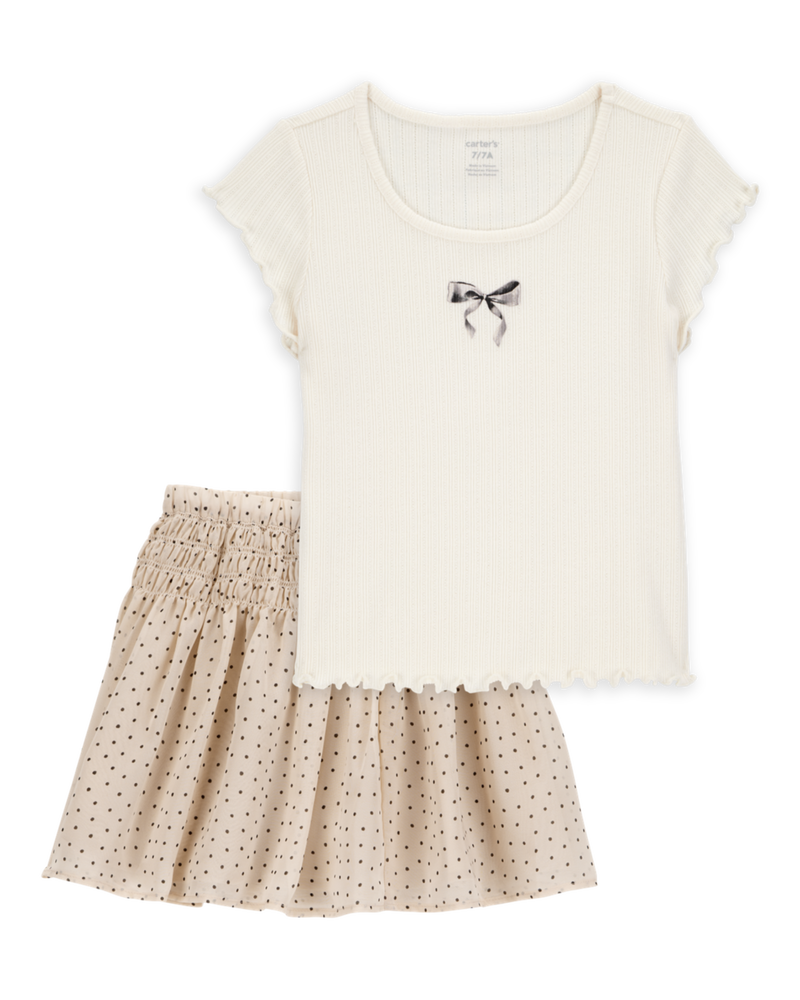 Kid 2-Piece Butterfly Pointelle Tee & Polka Dot Chiffon Skirt Set - Tan/White, image 1 of 5 slides
