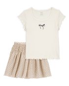 Kid 2-Piece Butterfly Pointelle Tee & Polka Dot Chiffon Skirt Set - Tan/White, image 1 of 5 slides