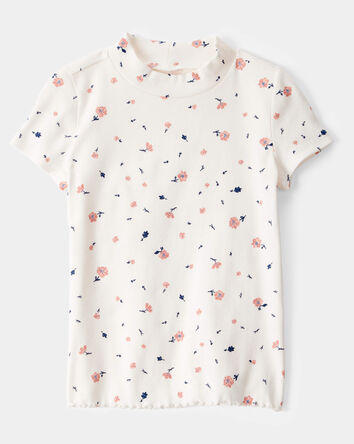 Kid Floral Mock Neck Ribbed Tee - Ivory, 