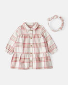 Baby Girl 2-Piece Plaid Cotton Long-Sleeve Dress Set - Pink/White, image 1 of 6 slides