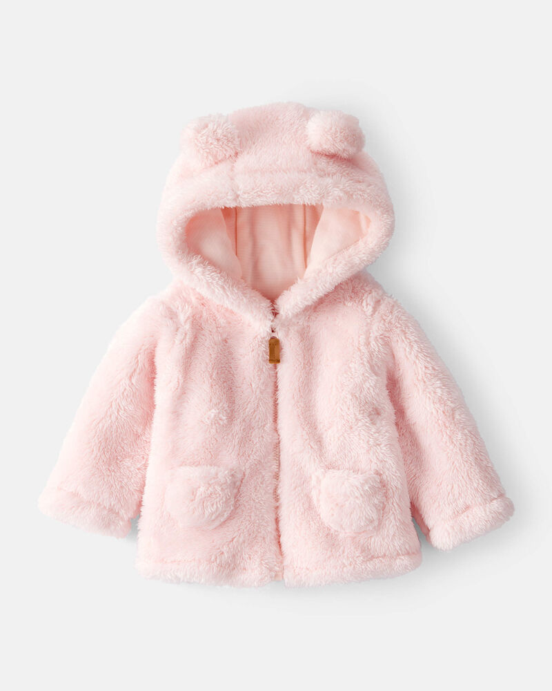 Baby Girl Sherpa Long-Sleeve Hooded Zip-Up Jacket - Pink, image 1 of 4 slides
