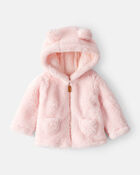 Baby Girl Sherpa Long-Sleeve Hooded Zip-Up Jacket - Pink, image 1 of 4 slides