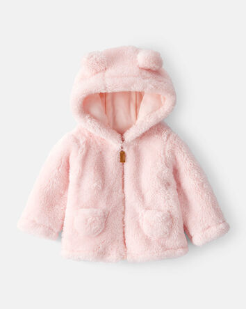 Baby Girl Sherpa Long-Sleeve Hooded Zip-Up Jacket - Pink, 