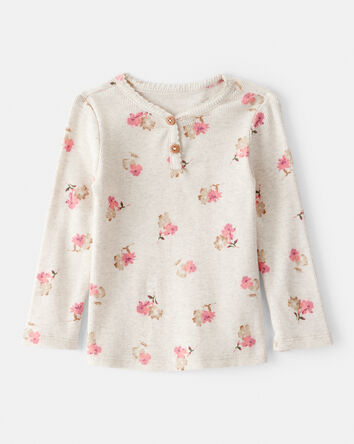 Baby Girl Floral Print Cotton Long-Sleeve Henley Top - Cream, 