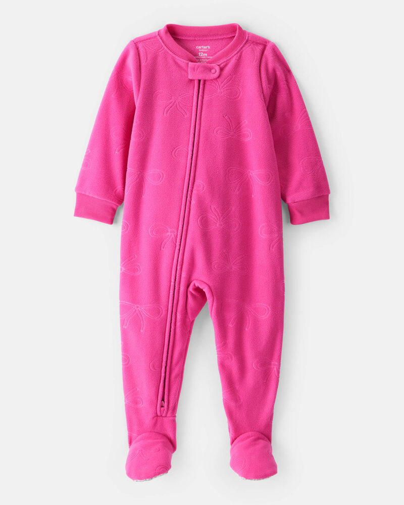 Baby Girl Bow Fleece Long-Sleeve 2-Way Zip 1-Piece Pajamas - Pink, image 1 of 4 slides