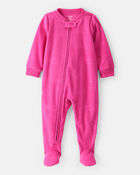 Baby Girl Bow Fleece Long-Sleeve 2-Way Zip 1-Piece Pajamas - Pink, image 1 of 4 slides